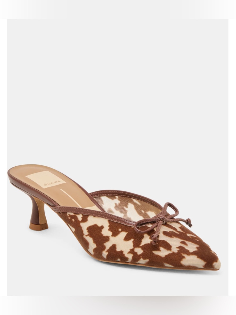 Dolce Vita Brown and Cream Cowhide Print Pointed Mule Heels
